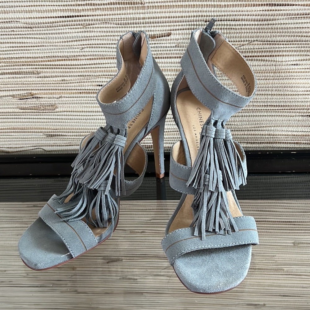 Chinese Laundry Blue Suede Shoes Tassel Stiletto Heel Sandal Womens 39 8 8.5
